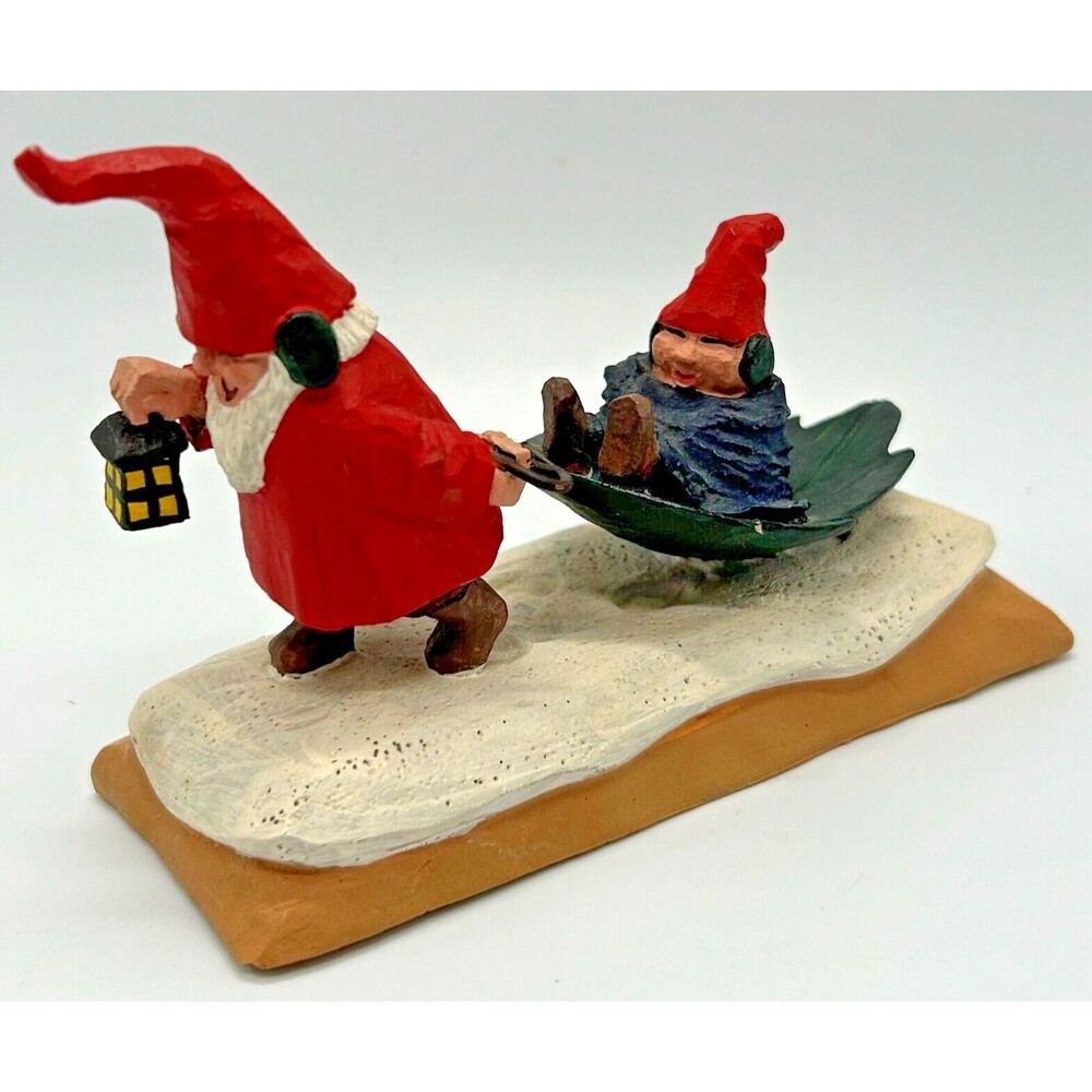 VINTAGE 1981 Stan Sparre 6" Figurine - Gnome Pulling Baby in Sled- Christmas